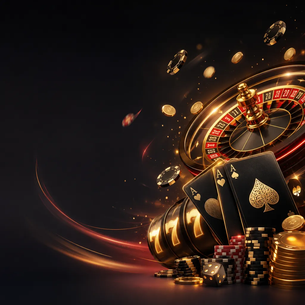 Cinematic illustration for GG Bet Casino featuring a sleek, modern gaming theme with casino chips, cards, and a vibrant slot-